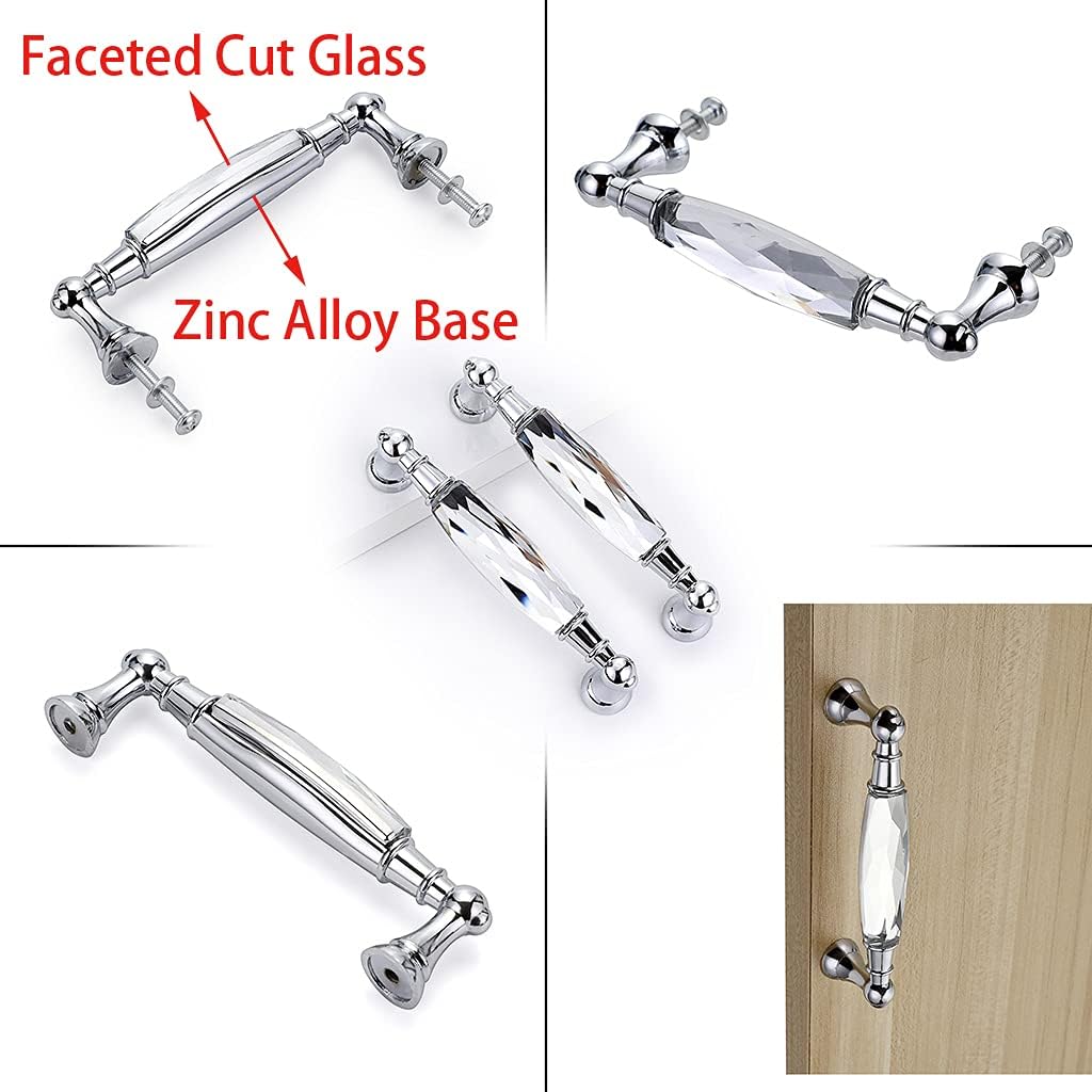 JUXYES Pack of 2 Crystal Cabinet Handles Pulls, Chrome Silver Glass Handle Decorative Drawer Pulls Modern Cupboard Door Handle Knobs for Dresser Drawer Cabinet Closet (3.75") - Image 2