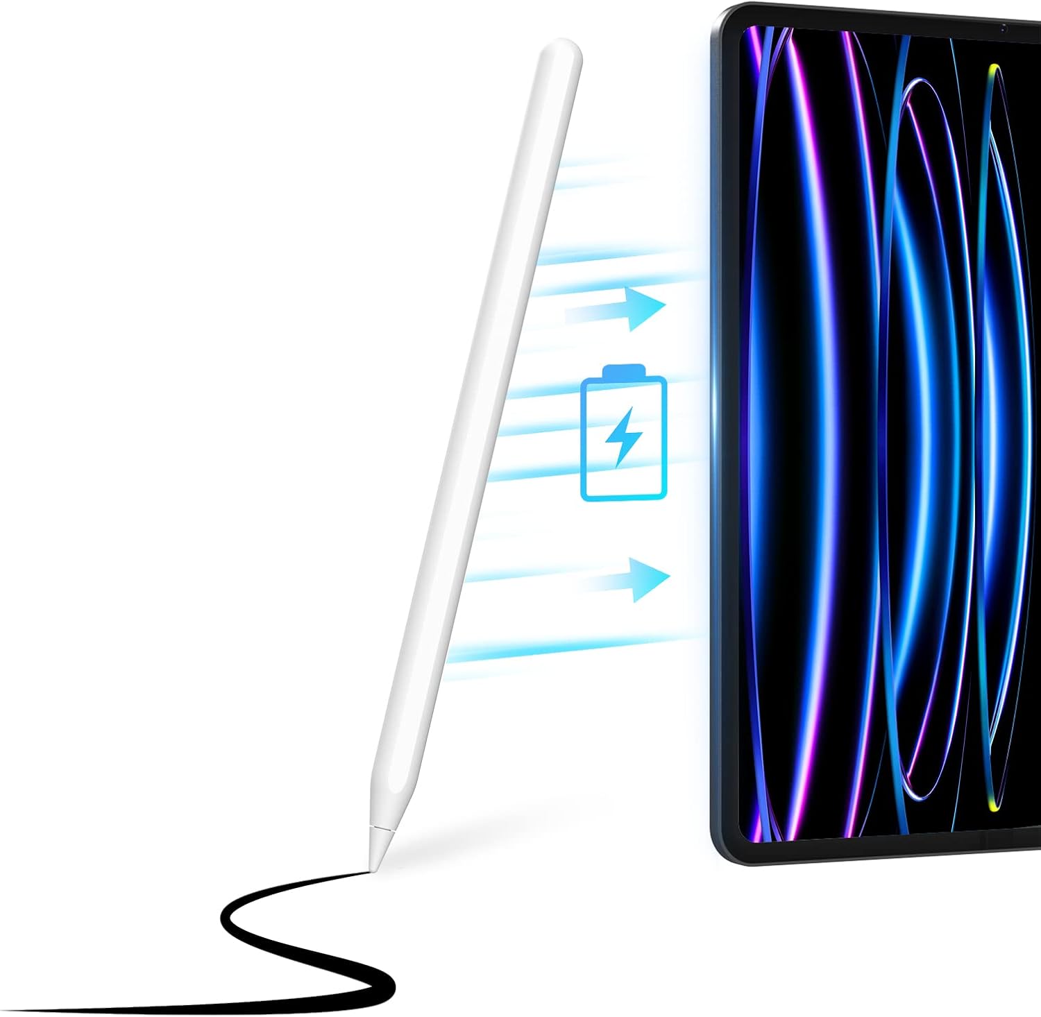 Image showing the Uogic Stylus Pen magnetically attached to the side of an iPad, with arrows indicating wireless charging. A battery icon with a lightning bolt is also depicted.