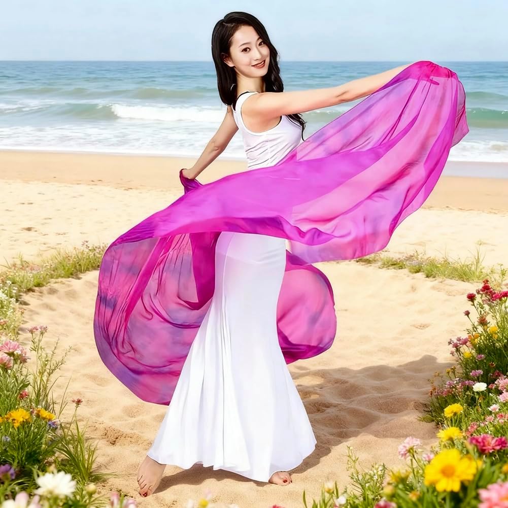 Women Real Silk Light Weight Belly Dance Hand Tie Dyed Silk Veils 250cm* 114cm for Adults Stage Performance