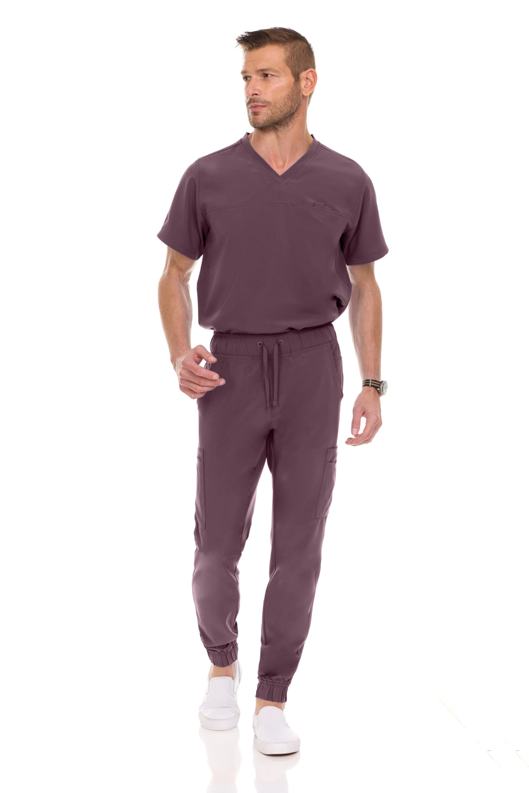 Medichic Men's Workwear Stretch V-Neck Scrub Joggers Set with Seven-Pocket Pants, Available in 6+ Colors