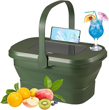 Collapsible Picnic Basket 16L, Folding Basket for Picnic with Lid Table, Waterproof Large Picnic Basket with Handles, Portable Collapsible Storage Basket for Camping, Outdoor, Travel,Green