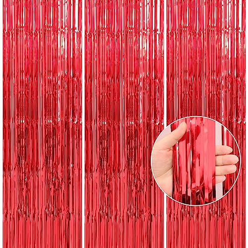 Image of Crosize 2 Pack 3.3 x 9.9 ft Red Foil Fringe Curtains Party Decorations, Red Tinsel Curtain Backdrop for Valentine's Day Parties, Door Streamers, Glitter Streamer Fringe Backdrop for Birthday