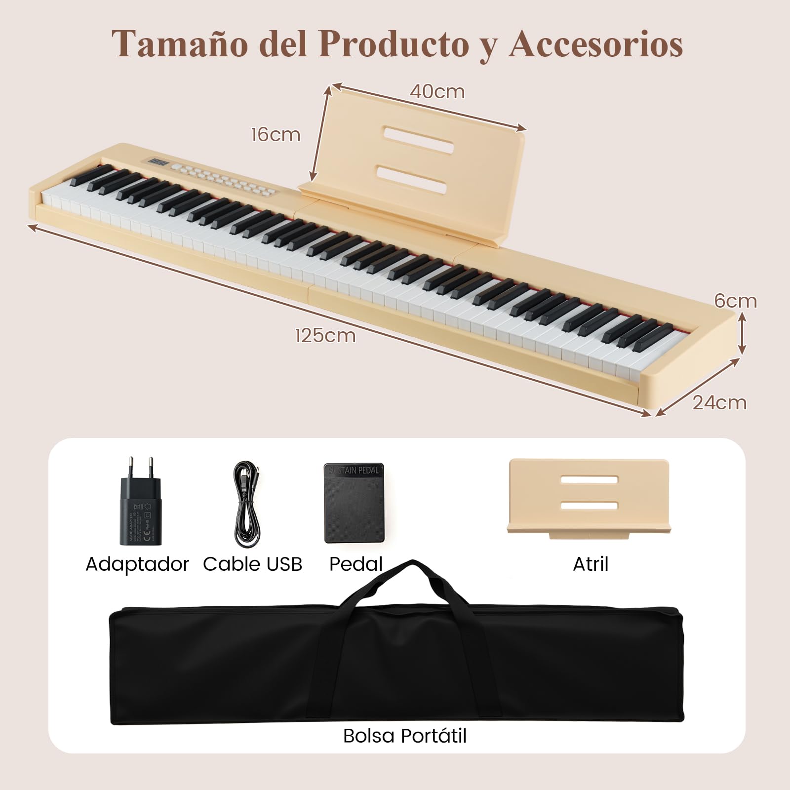 COSTWAY Teclado Plegable de 88 Teclas, Piano Eléctrico Portátil Sensible a la Velocidad, Piano Digital de Tamaño Completo, MIDI, Pedal de Sostenido, Soporte para Música y Bolsa de Transporte (Natural)