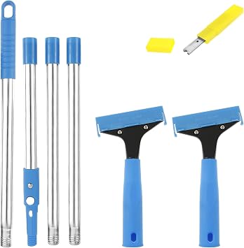 Heavy Duty Floor Scraper Set with 2 Blue Scrapers, 10 Blades & Adjustable Handle - Scrappers for Cleaning Gum, Cement, Paint on Walls/Floor/Windows