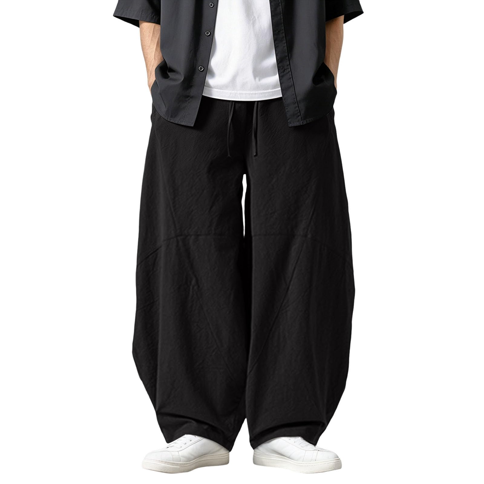 Generico Pantaloni Lino Uomo,Pantaloni da Lavoro Uomo,Pantaloni Casual in Lino a Gamba Larga con Coulisse Boho Leggeri e Traspiranti per Tutte Le Stagioni