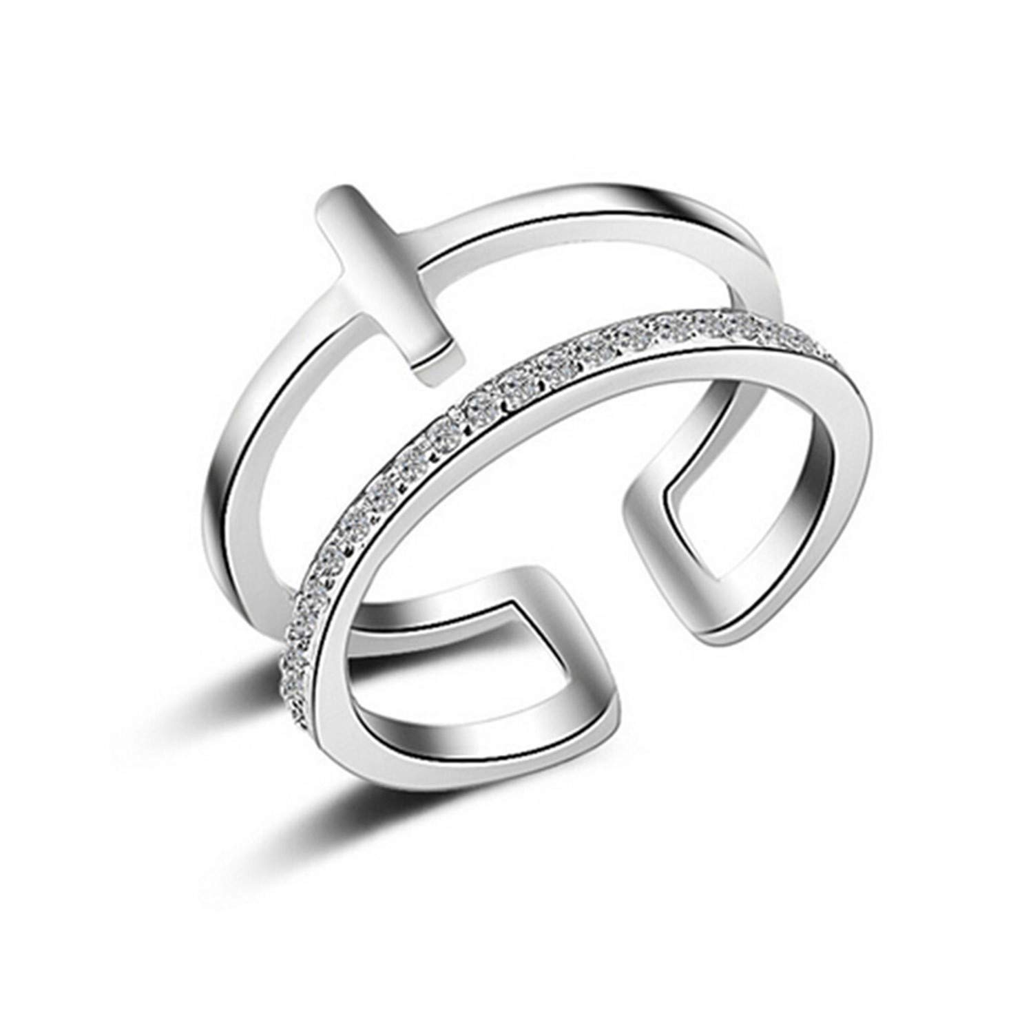 Wiftly 1 x Women's Ring 925 Sterling Silver Double Layer Glitter Zirconia Cross Simple Band Ring Engagement Ring Finger Ring Opening Partnership Rings Adjustable