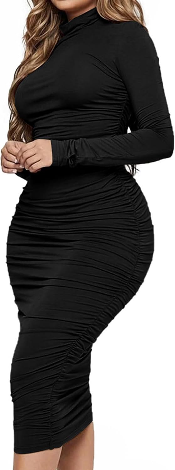 Ekaliy Women's Ruched Bodycon Midi Dress Mock Neck Long Sleeves Party Club Dresses