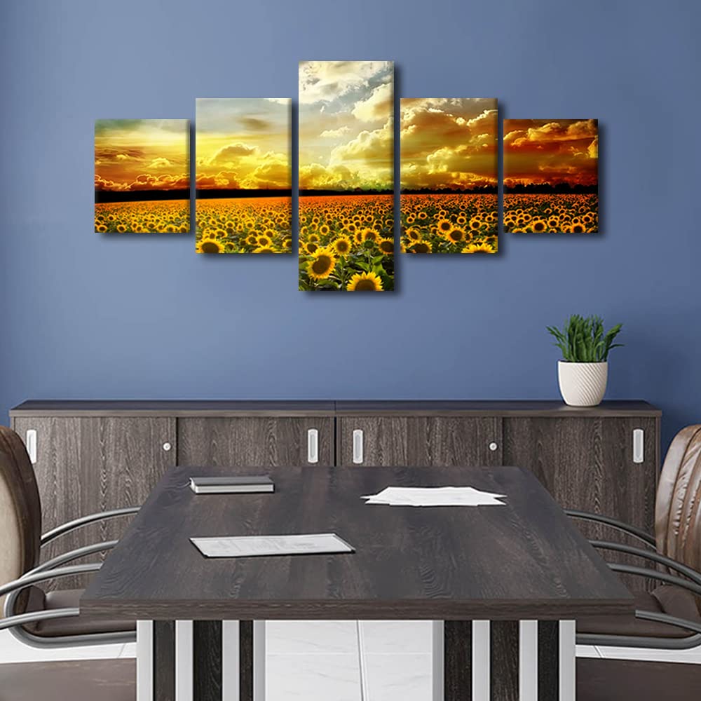 TISHIRON 5 Piece Canvas Wall Art Sunflowers Pictures for Bedroom Flower Fields under the Sunset Wall Paintings Modern Décor Artwork for Living Room Framed Ready to Hang(50" Wx24 H) - Image 4