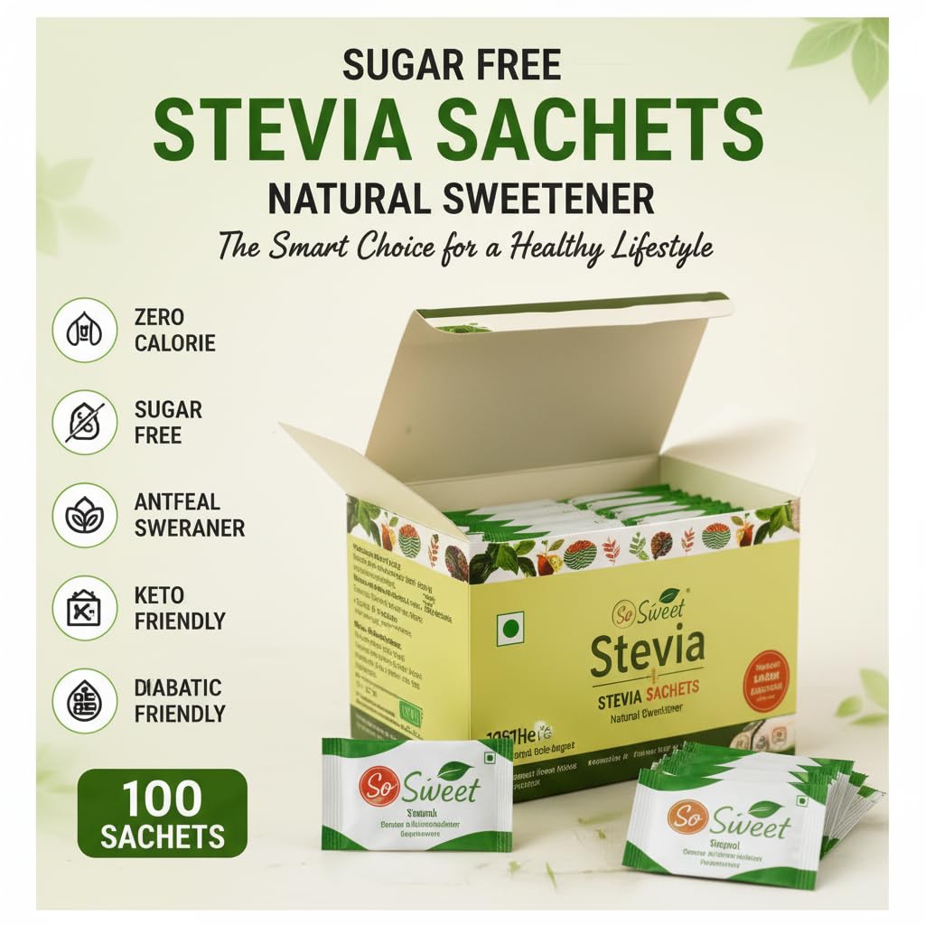 So Sweet Stevia Sachets - Sugar-Free Natural Zero Calorie Sweetener, 100 Sachets (200 Servings), Perfect for Sweetening Drinks, Baking, Coffee, and Tea, Keto & Diabetic Friendly, Convenient for On-the-Go 1
