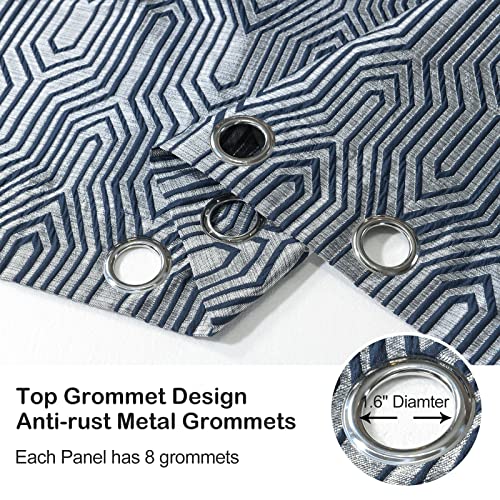 Navy Blue 100% Blackout Jacquard Geometric Pattern Curtains,52 Inch Wide 84 Inches Length 2 Panels With White Liner, Thermal Insulated Noise Reducing Anti-Rust Grommet Drapes For Bedroom Living Room #TOP4