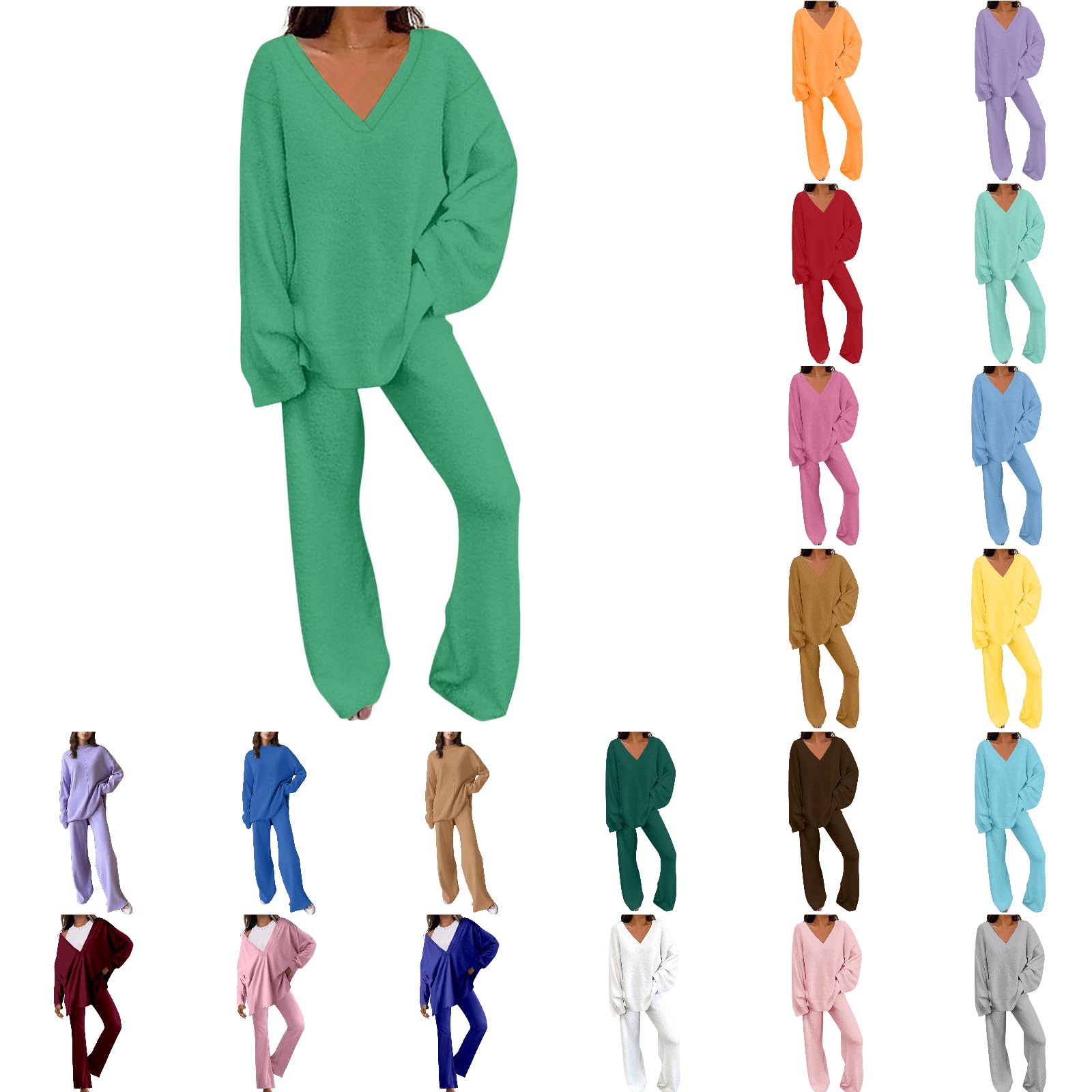 GMPC Women's 2 Piece Outfits Long Sleeve V Neck Knit Pullover Tops and Wide Leg Pant Lounge Set Casual Sweatsuit Tracksuit