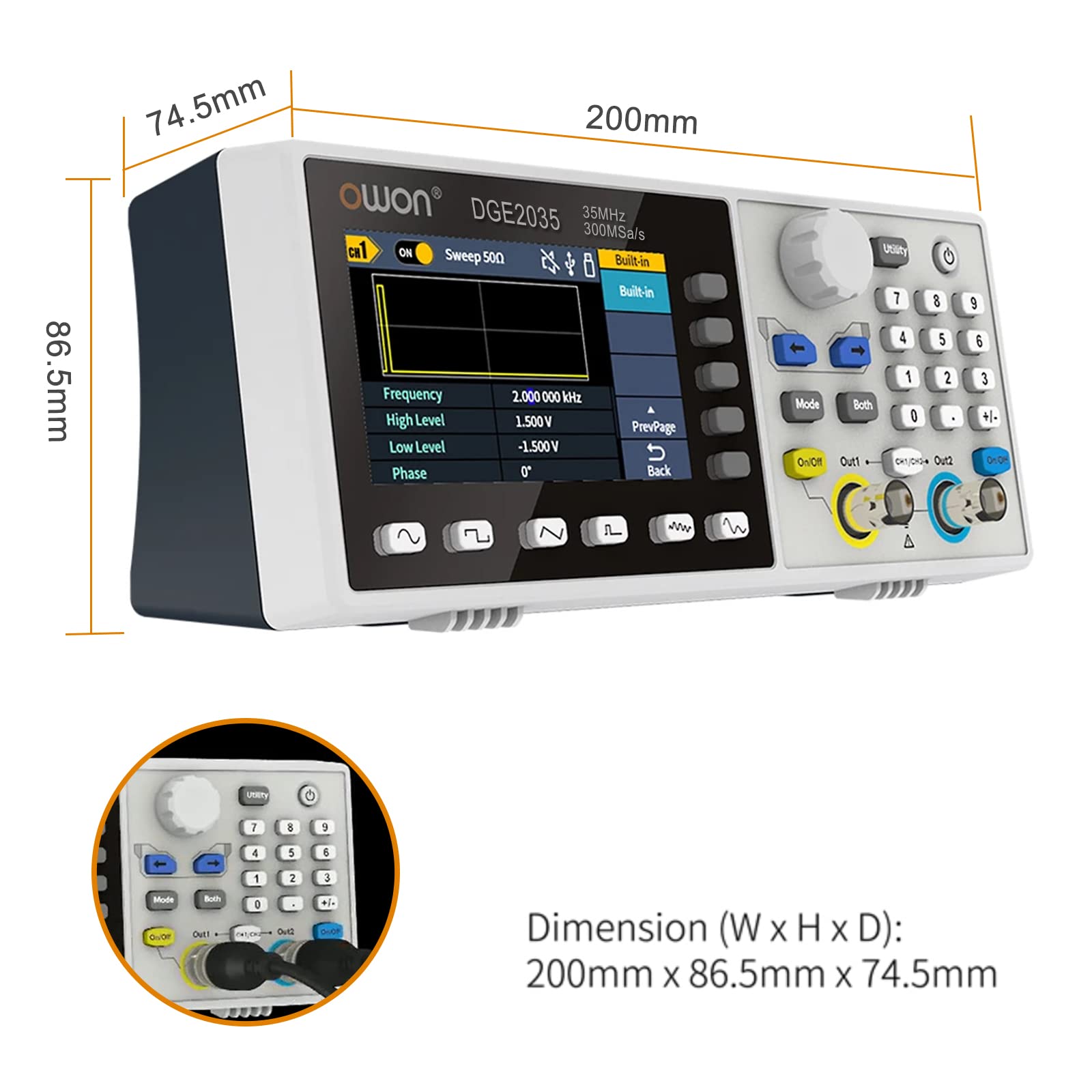 OWON DGE2035 Arbitrary Waveform Generator AWG 14bit Risoluzione verticale 2CH 35MHz 125MSa/s 3,6 pollici LCD Digital Signal Generator