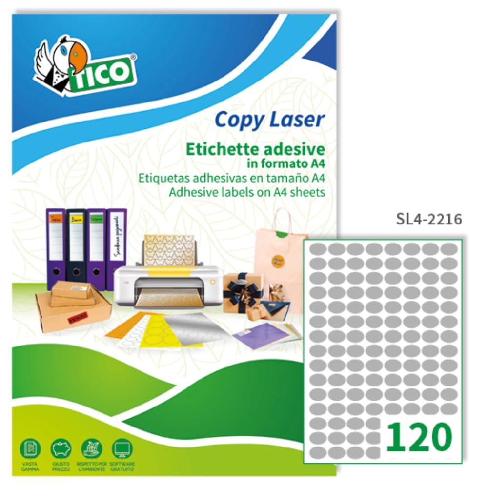 Tico Italia SL4-2216 Etichette adesive carta argento, 100 fogli A4, ovali 22x16mm, 120 etichette per foglio, adesivo permanente, stampanti laser, tipografiche e serigrafiche