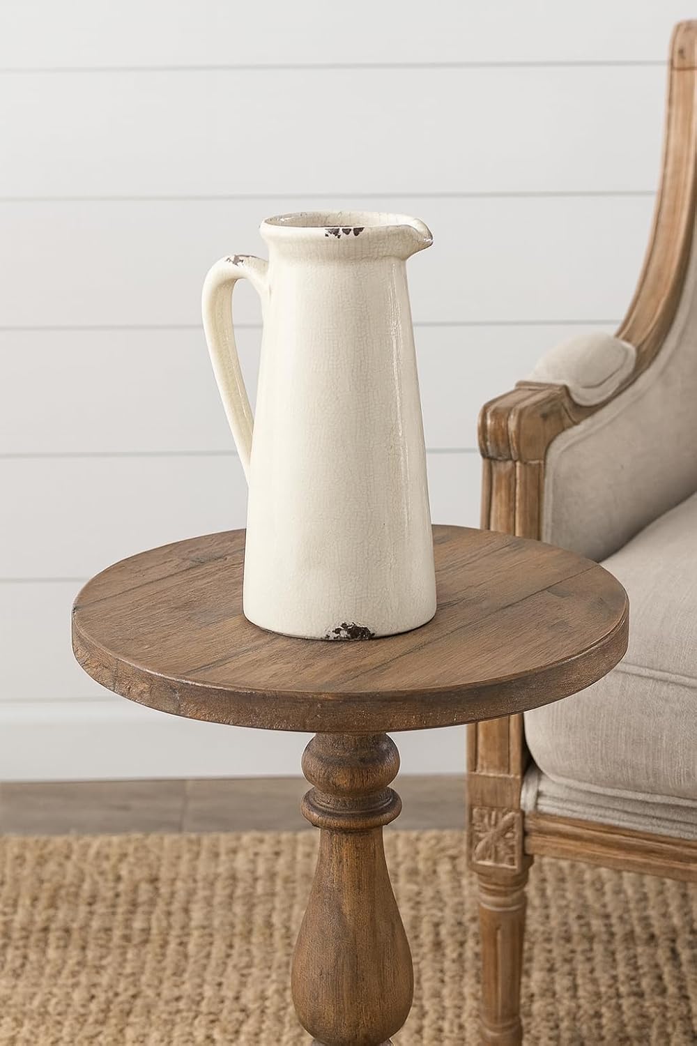 Antique White Ceramic Pitcher – Tall Vintage Crackle Glaze Jug with Handle and Pour Spout – Decorative or Functional Vase for Farmhouse, French Country, or Rustic Decor (Small)