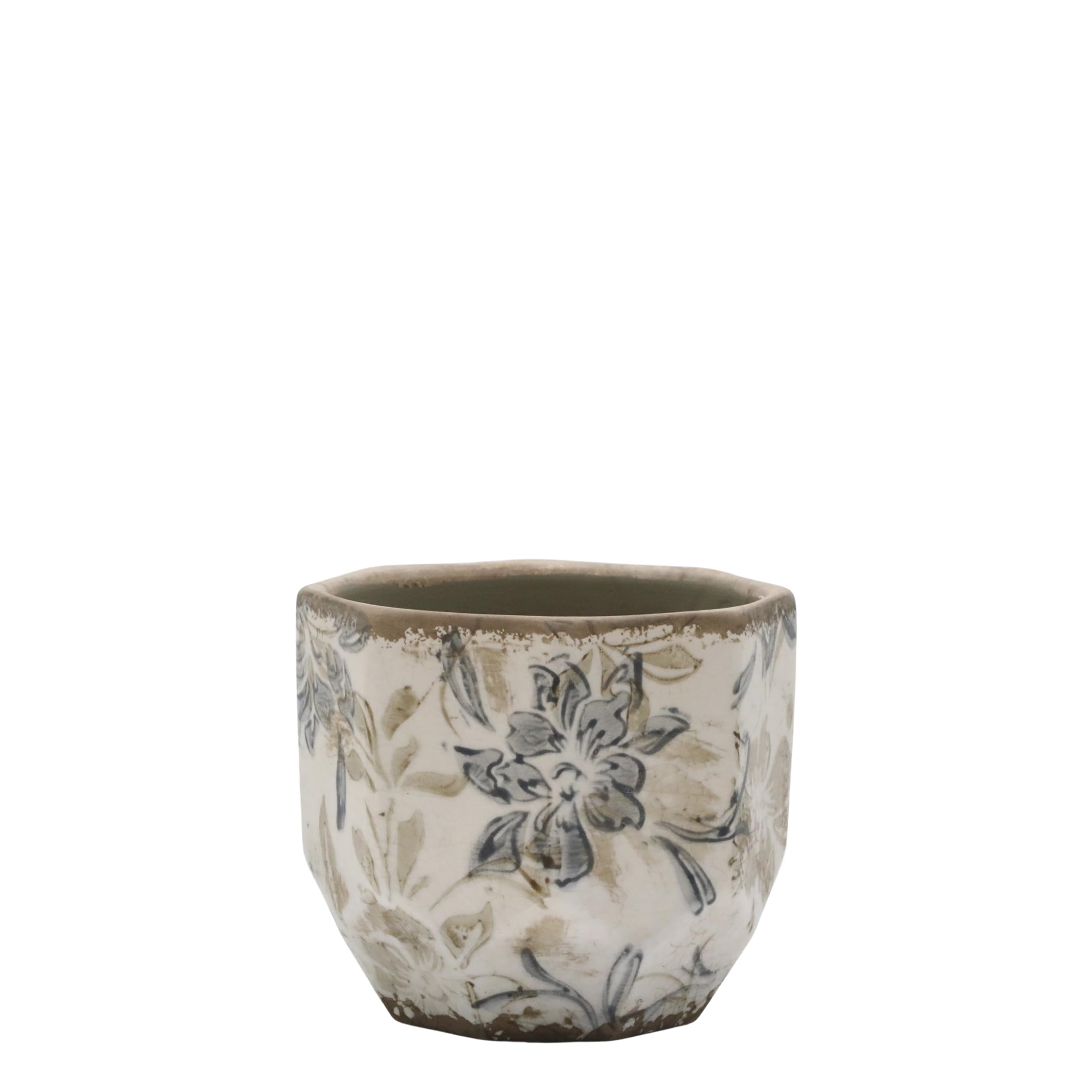 Ceramic Plant Pot Planter with Blue Floral Print Design (Round, Small)