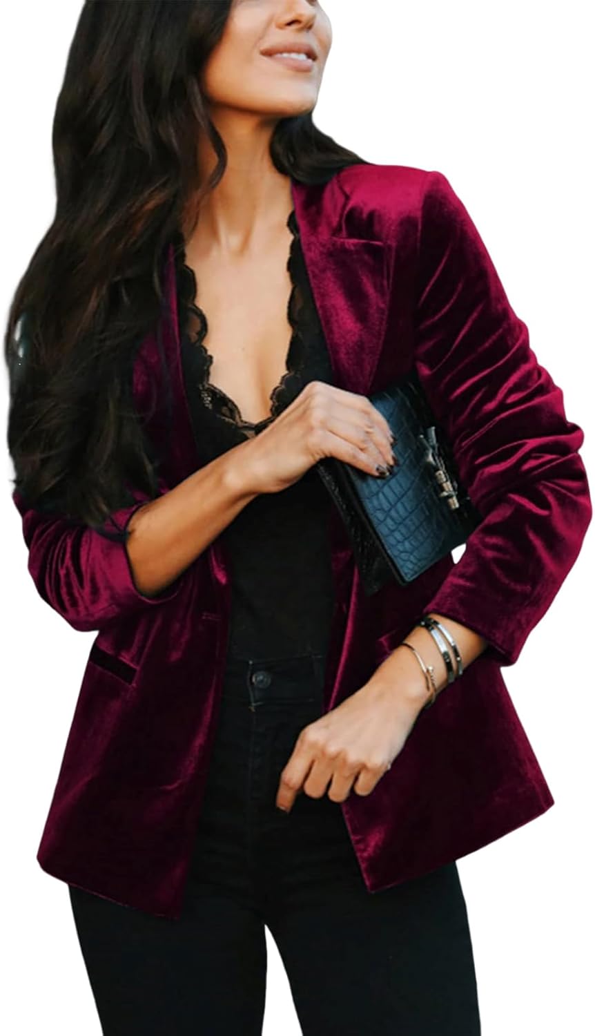 Women's Casual Velvet Blazer Work Office Long Sleeve Lapel Button Tailored Jacket Coat Blazer with Pockets