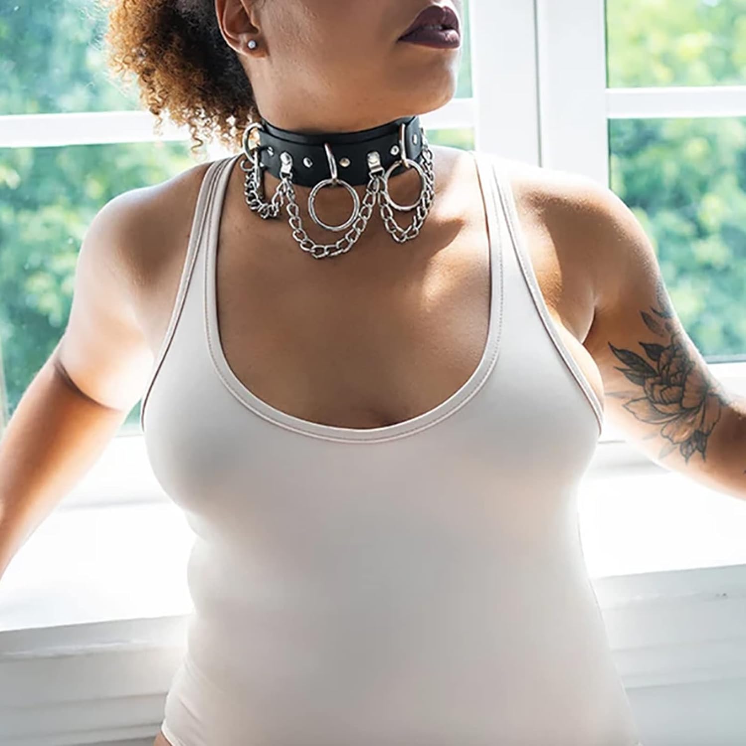 Punk Leather Collar Choker Necklace for Women Adjustable Gothic Collar with Chain, Black - Image 5