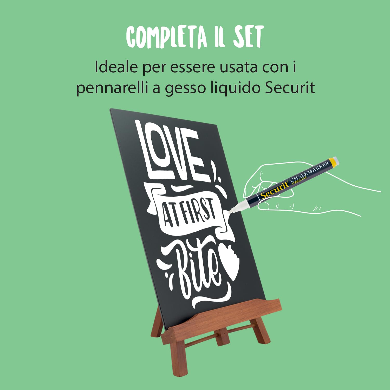 SECURIT - Lavagna con Cavalletto Treppiede Junior - Per Pennarelli a Gesso Liquido - Per Caffè, Ristoranti, Bar, Negozi - Inserto Rimovibile - Formato A4 - Base in Legno Laccato - 35,5x21,8x18cm