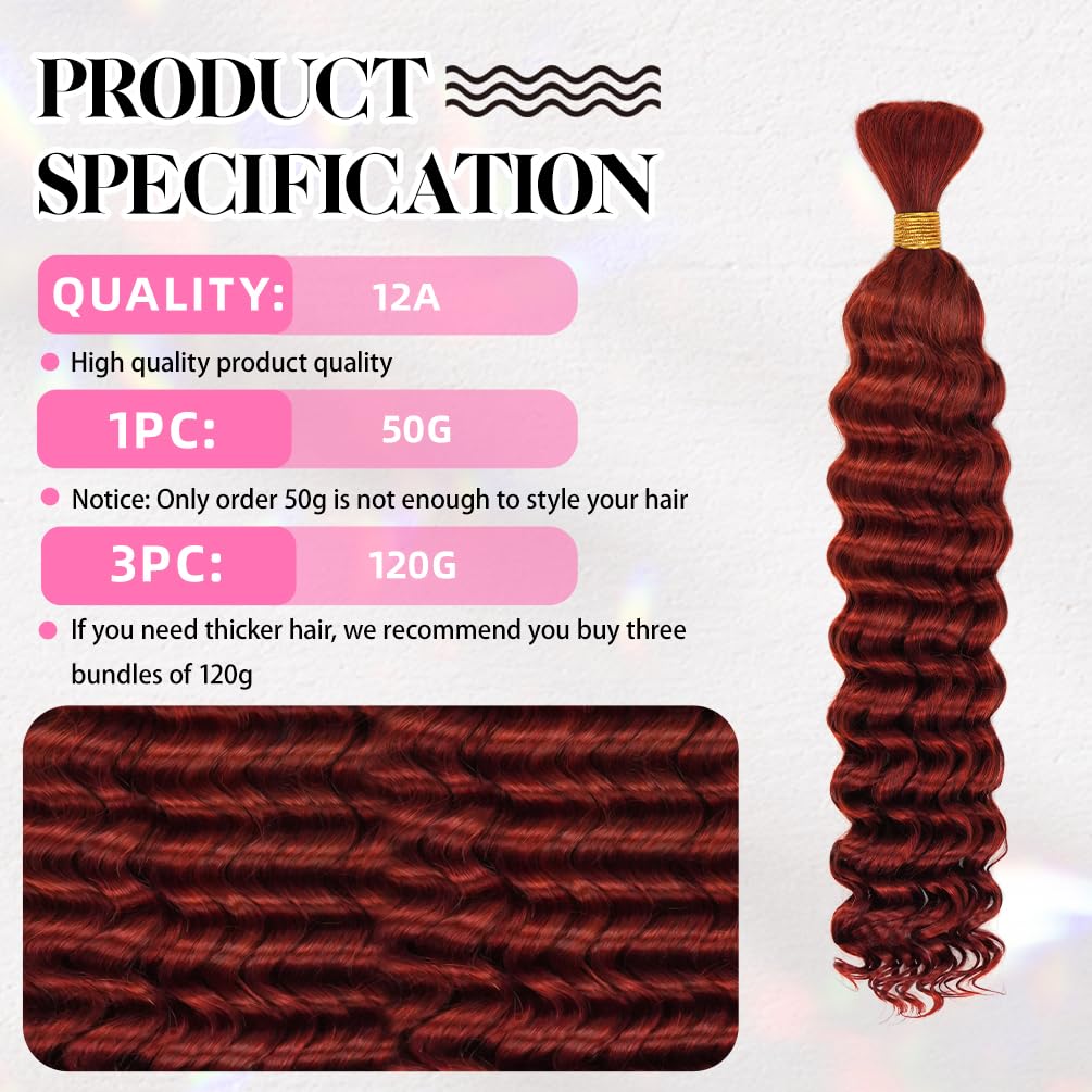 18 Inch Deep Wave Human Braiding Hair for Boho Braids – 120g 3 Bundles/Pack Copper 350# 100% Unprocessed 12A Brazilian Virgin Human Hair Bulk, No Weft, Wet & Wavy Curly Extensions
