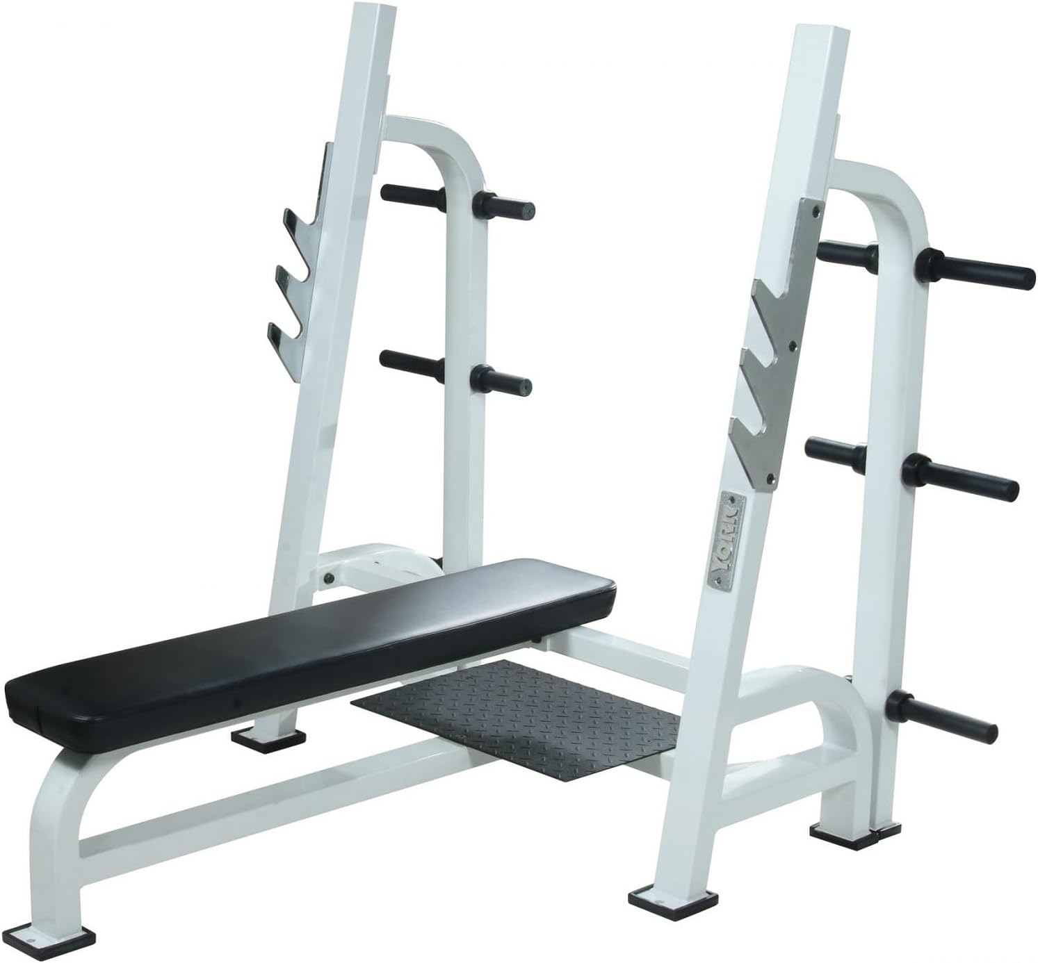STS Olympic Flat Bench Press with Gun Rack Bar Holders, Multicolor Commercial Strength Training Bench, Heavy Duty Steel Frame, 11 Inch Padding, Non-Skid Platform Gym Equipment