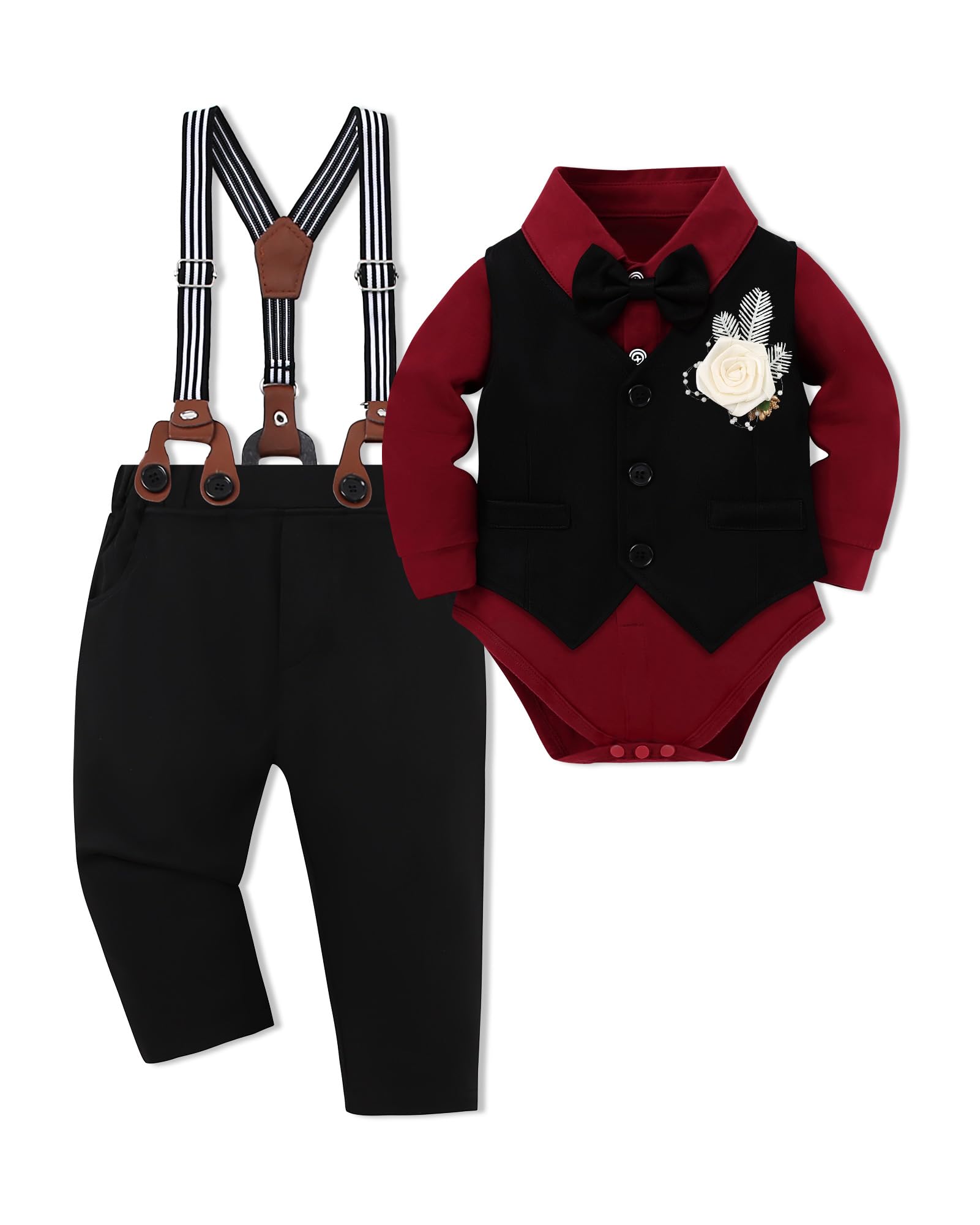 Baby Boy Clothes Suit Infant Gentleman Wedding Outfit Dress Shirt+Bowtie+Vest+Corsage+Suspender+Pants 6Pcs Set 0-24M