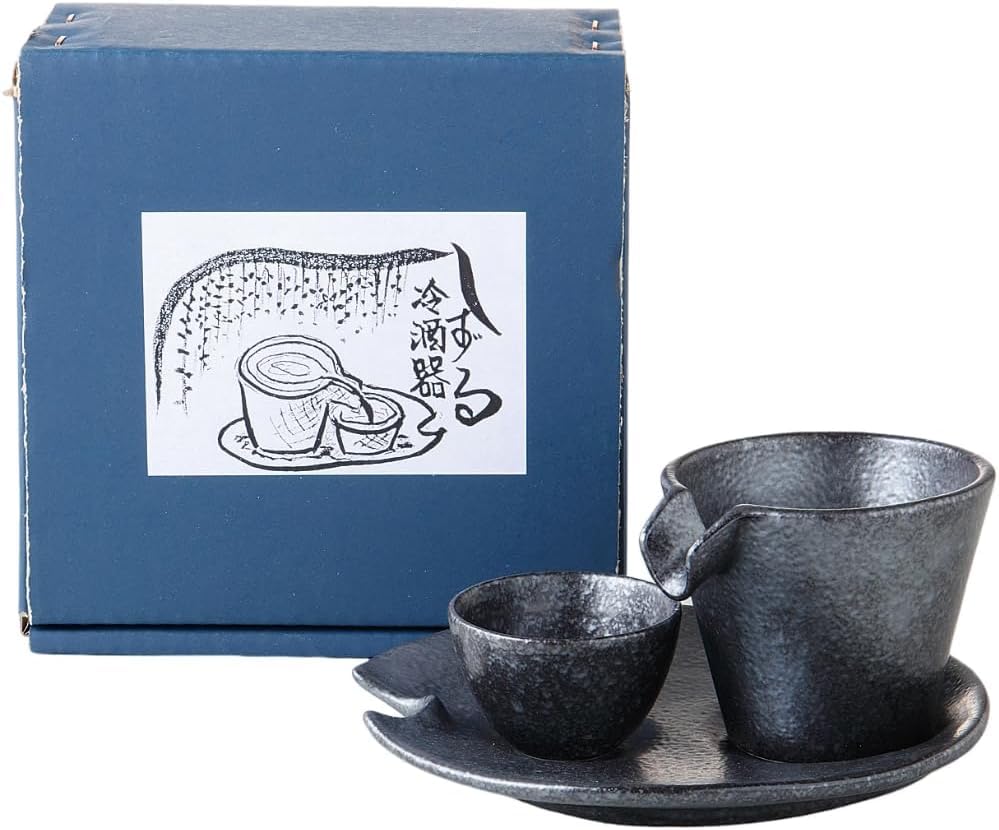 Mino Ware Cold Sake Set Cooler Saucer Cup Silver Black Porcelain Japan
