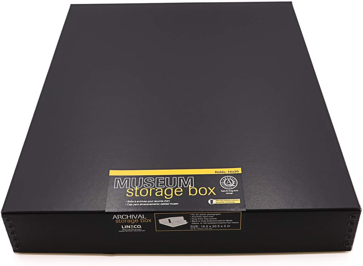 Lineco, 16x20x3 Black Museum Archival Storage Box, Drop Front Design. Acid-Free with Metal Edge. Protects Picture Longevity, Organize Photos, Documents, Crafts, DIY.