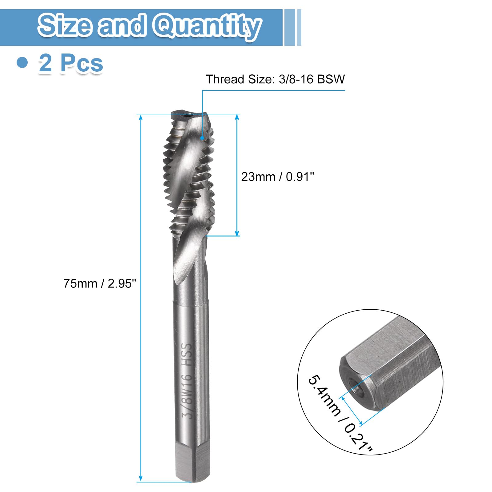 uxcell 2pcs Spiral Flute Thread Taps 3/8-16 BSW H2 Machine Threading Tap Bit, Uncoated Screw Tapping Repair Tool, M2 High-Speed Steel (HSS6542)