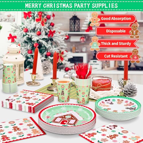 Christmas Party Supplies, Christmas Gingerbread Party Disposable Napkins, Dinner Plates, Dessert Plates, Cups and Forks Tableware Set for Merry Christmas Party Winter Holiday Decorations, Serve 24 – Image 4
