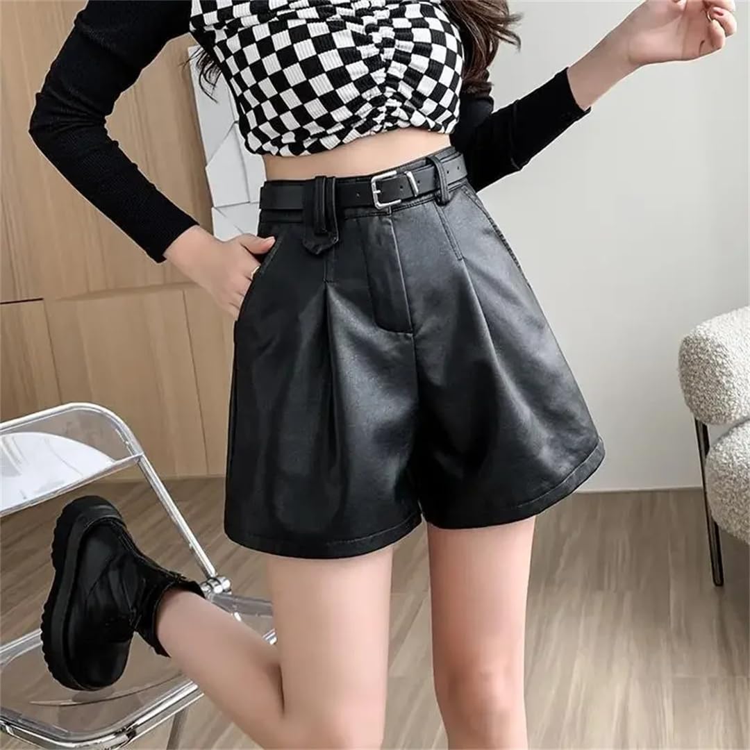 Women Winter High-Waisted Loose-Fit Slimming A- Line Leather Pants Wide-Leg Shorts Boots Casual Long Pants