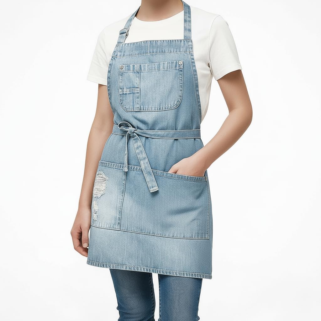 Denim Apron With 5 Pockets for Kitchens,Hairstylist Aprons for Women Men,Adjustable Bib Jean Apron for Arts Cafe Work - Image 2