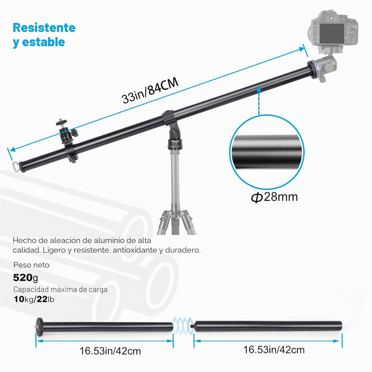 Koolehaoda Brazo de extensión de trípode 83 cm, brazo de extensión horizontal central, tubo 28 mm, base giratoria 360° para fotografía superior y macro, carga hasta