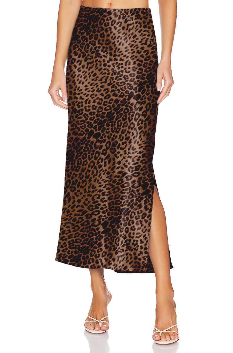 Womens Satin Silk Maxi Slit Skirt Elastic Waistband Leopard Print