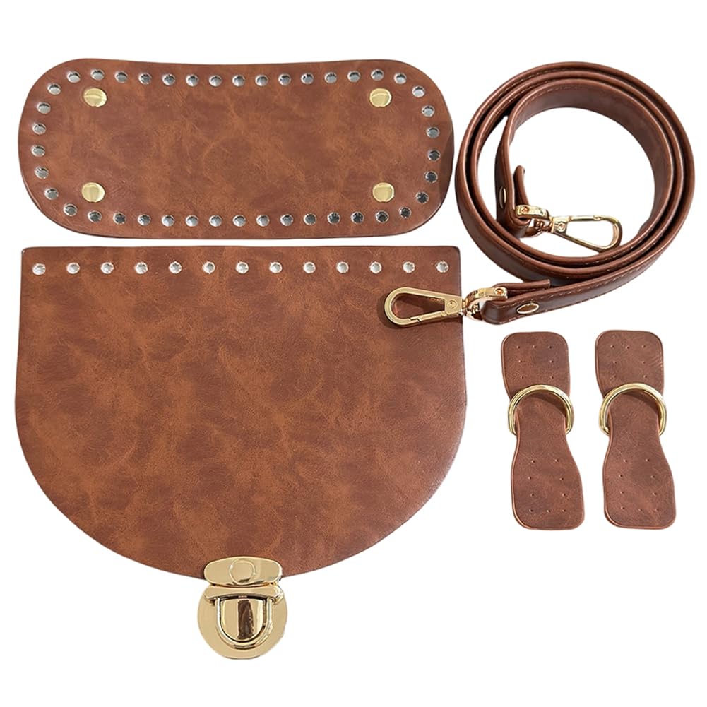 PU Leather Oval Bags Bottom Shaper Handbag Knitting Crochet Set Leather Half Round Flap Cover with Crossbody Bag Handle Straps for DIY Shoulder Tote Backpack Making Repairing(Brown)