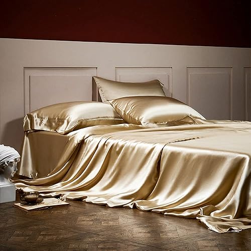 Miniatura 2 de Orose Juego de 4 sábanas encimeras de seda Momme Charmeuse de 25 piezas, 100% seda de morera, sin costuras, sábana superior (amarillo suave, King)