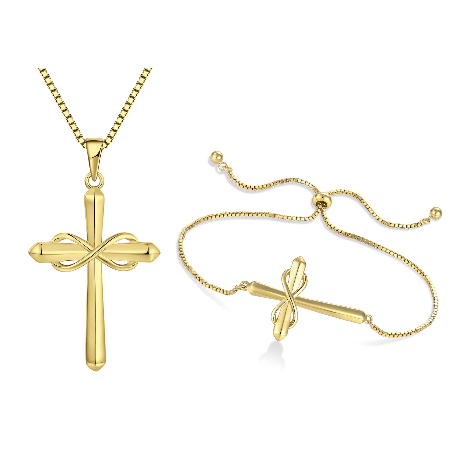 STARCHENIE Infinity Cross Necklace Bracelet for Women 925 Sterling Silver 14K Gold Plated Crucifix Jewelry Set
