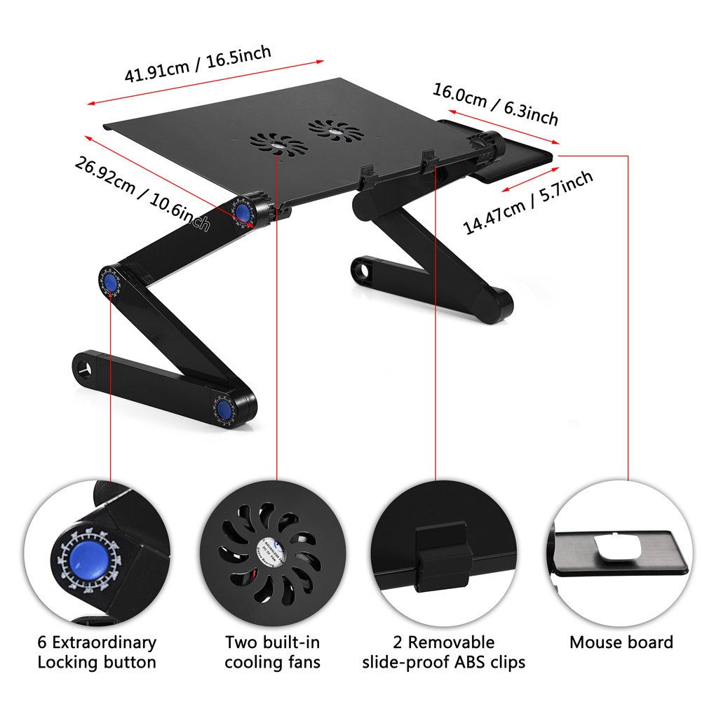 Table de Lit Ordinateur Portable Pliante, Table de Lit en Aluminium Réglable 360° Lap desk Canapé Inclinable Petit déjeuner pour Lecture, double ventilateur + plateau de souris, 15Kg Charge