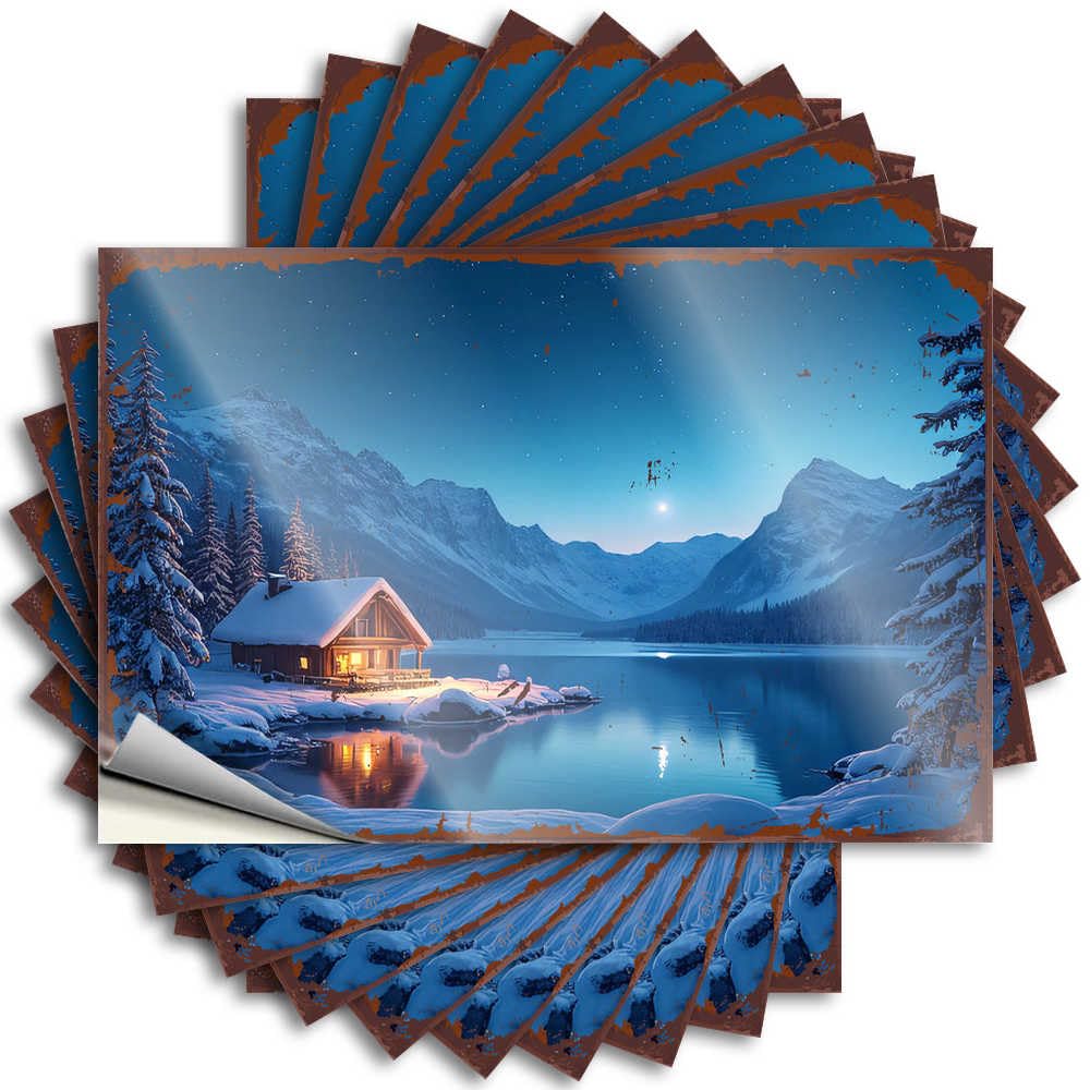 Snowy Cabin By The Lake Under A Starry Night Sky Guest Aesthetic - Tattoos Garage Waterproof Decal(6X9CM)