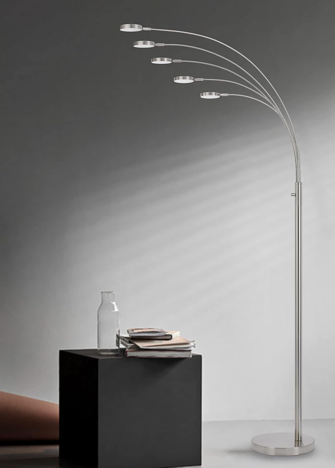 Cal Lighting BO-3121FL-5L-BS Malibu Modern Metal Arc Floor Lamp with 5 8W Integrated LED, 5 Arms for Living Room, 82 Inches Tall, Brushed Metal