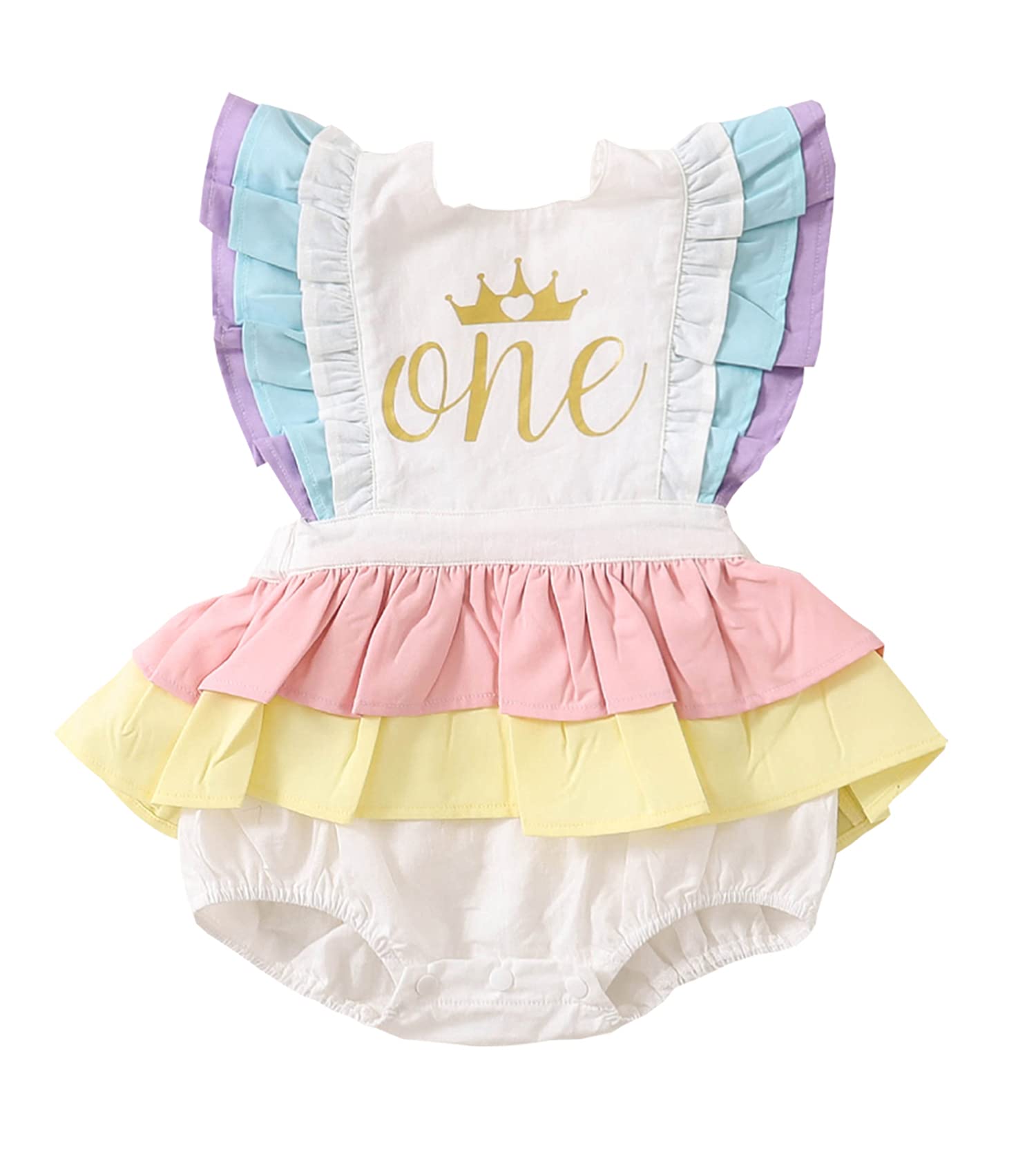 Styles I Love Infant Baby Girls Rainbow Ruffle 1st Birthday with Crown Cotton Sleeveless Romper Sunsuit Spring Summer Outfit (12 Months)