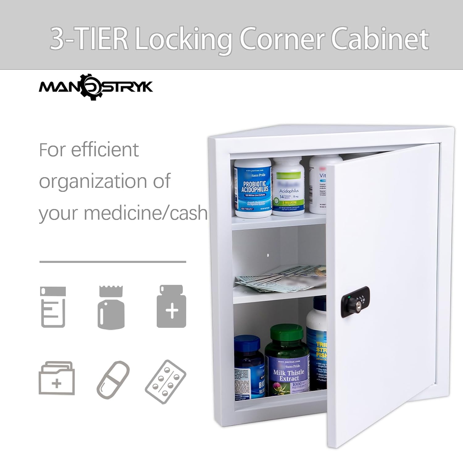 Wall Mount Medicine Cabinet,Locking Corner Cabinet with Code & Key Locks,First Aid Cabinet/Corner Storage CabinetAdjustable1/2/3 Shelves,Wall Mount Cash Box for Bathroom/Office/School/Home