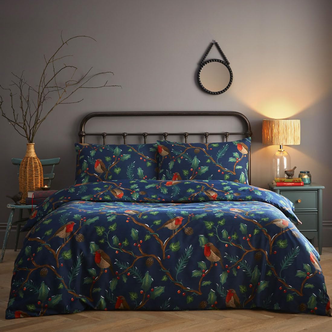 HOMEMAKER BEDDING Duvet Cover Set Navy Blue Winter Robin Print (Single)