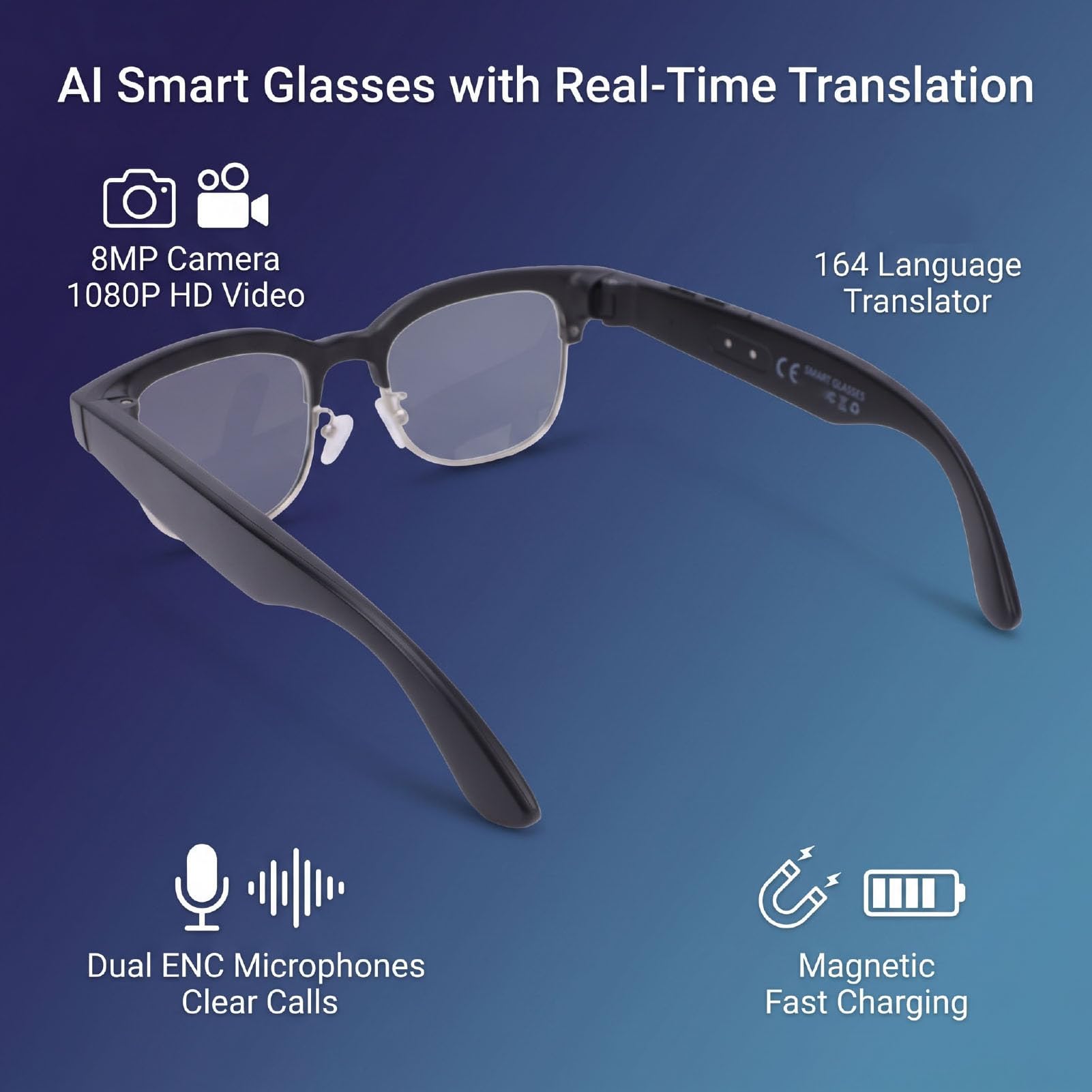 Sxhlseller Lunettes Intelligentes avec Caméra, Lunettes Audio Bluetooth avec Traduction IA, Caméra 8 MP Vidéo HD 1080P Contrôle Vocal, for Voyage Travail Communication Multilingue
