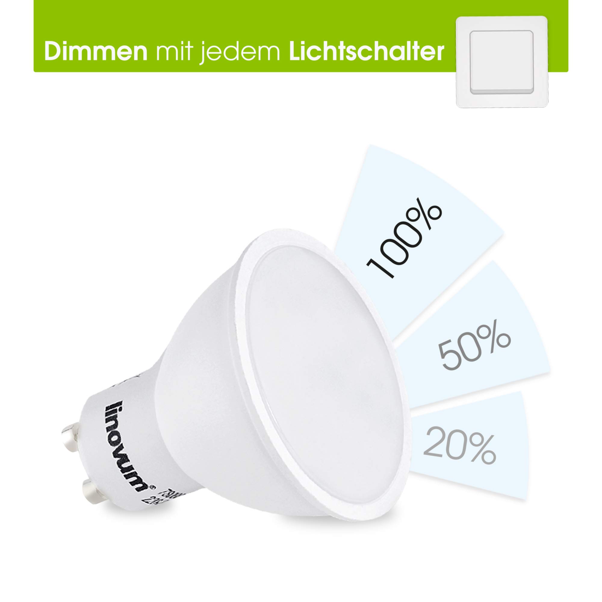 linovum LED GU10 Leuchtmittel 10er Set fourSTEP 5W neutralweiß dimmbar 230V | Zehn GU10 Lampen mit fourSTEP - in 4 Stufen dimmbar ohne Dimmer, neutralweiß, 100° Winkel, Ersatz für 50W Halogen, 25.000h