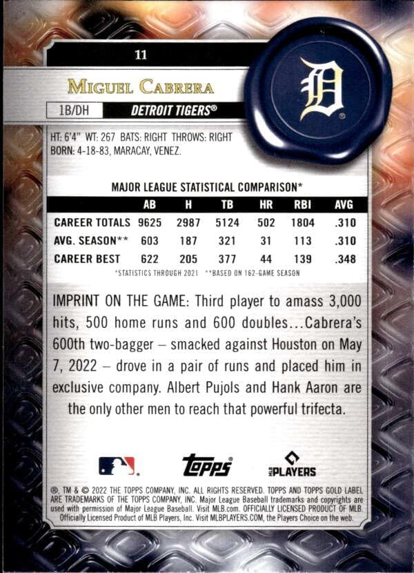 Miniatura 2 de 2022 TOPPS GOLD LABEL CLASS 1#11 MIGUEL CABRERA DETROIT TIGERS BASEBALL OFFICIAL TRADING CARD OF MLB