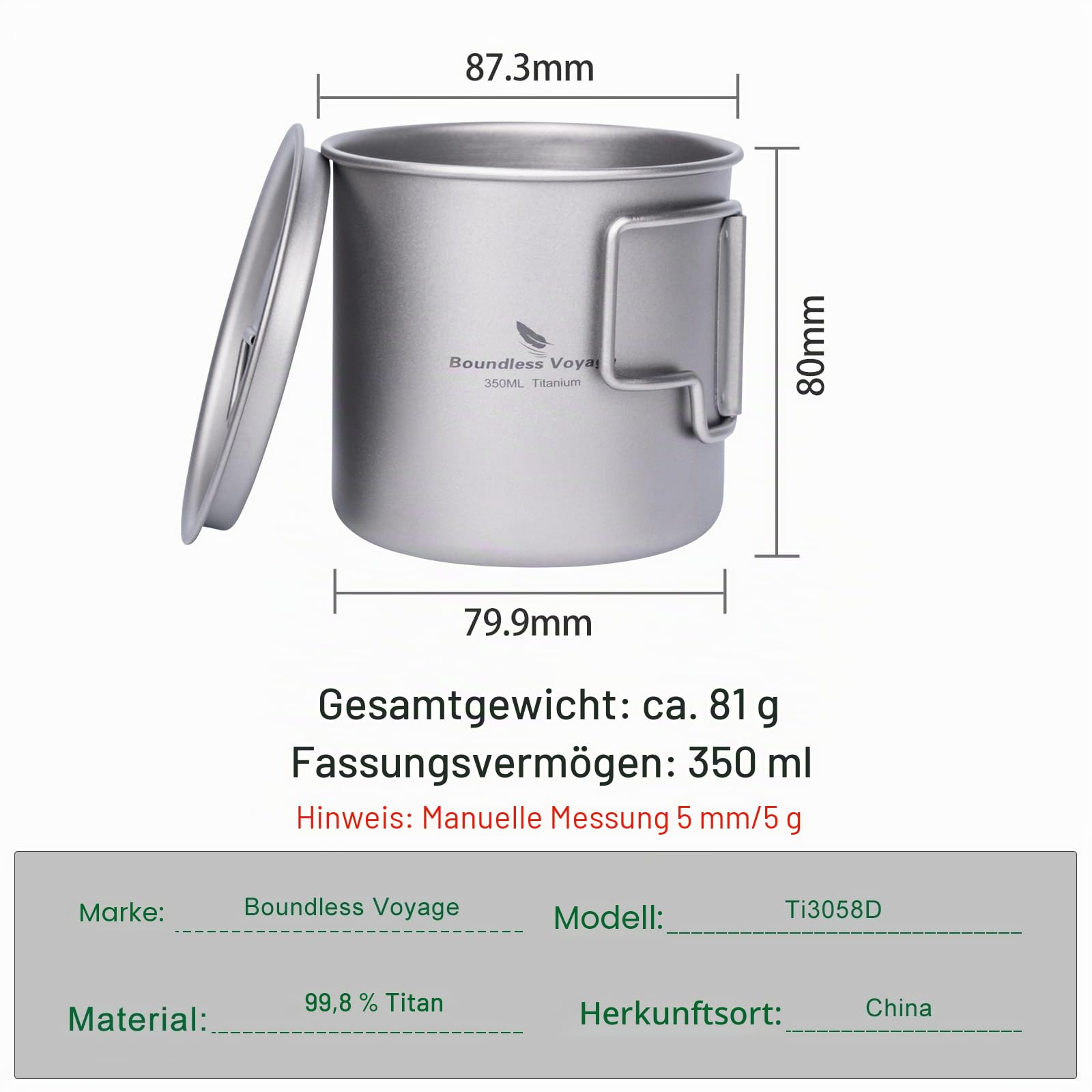 Boundless Voyage Campingbecher Titan einlagig Tee Kaffee Tasse Ultraleicht Outdoor Reise Tragbares Trinkgeschirr 220ml 350ml 500ml (Ti3058D-350ml)