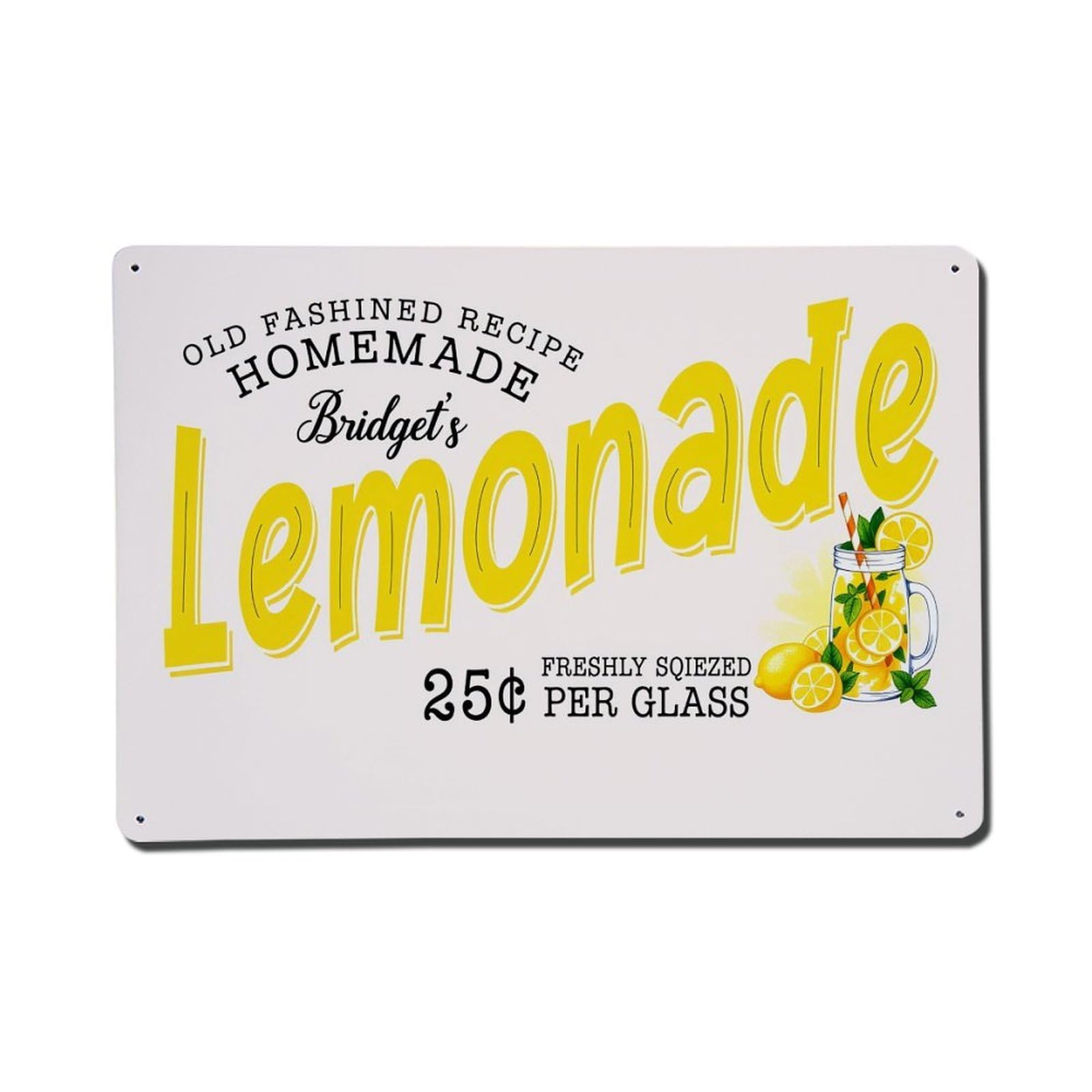 Lemonade Glass Lemon Slice Mint Leaf Tin Sign Vintage Metal Poster, Home Bar Garage Man Cave Cafe Indoor & Outdoor Wall Decoration 8x12Inches