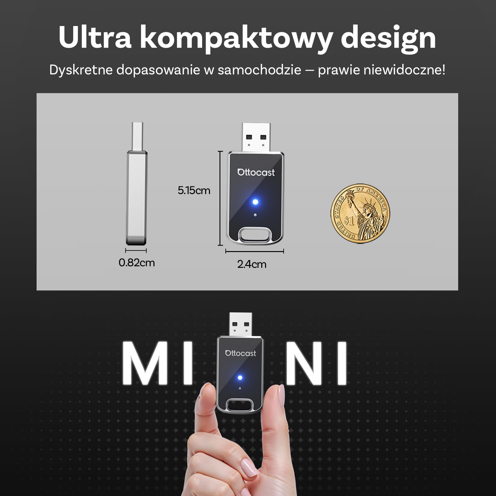 (Nowy Model 2025) OTTOCAST Adapter Bezprzewodowy 2 w 1 Carplay Android Auto, OTTO CAST Mini Edge dla iOS 10+ i Android 11+, Płynne Połączenie z Fabrycznym Carplay/AndroidAuto w Samochodach