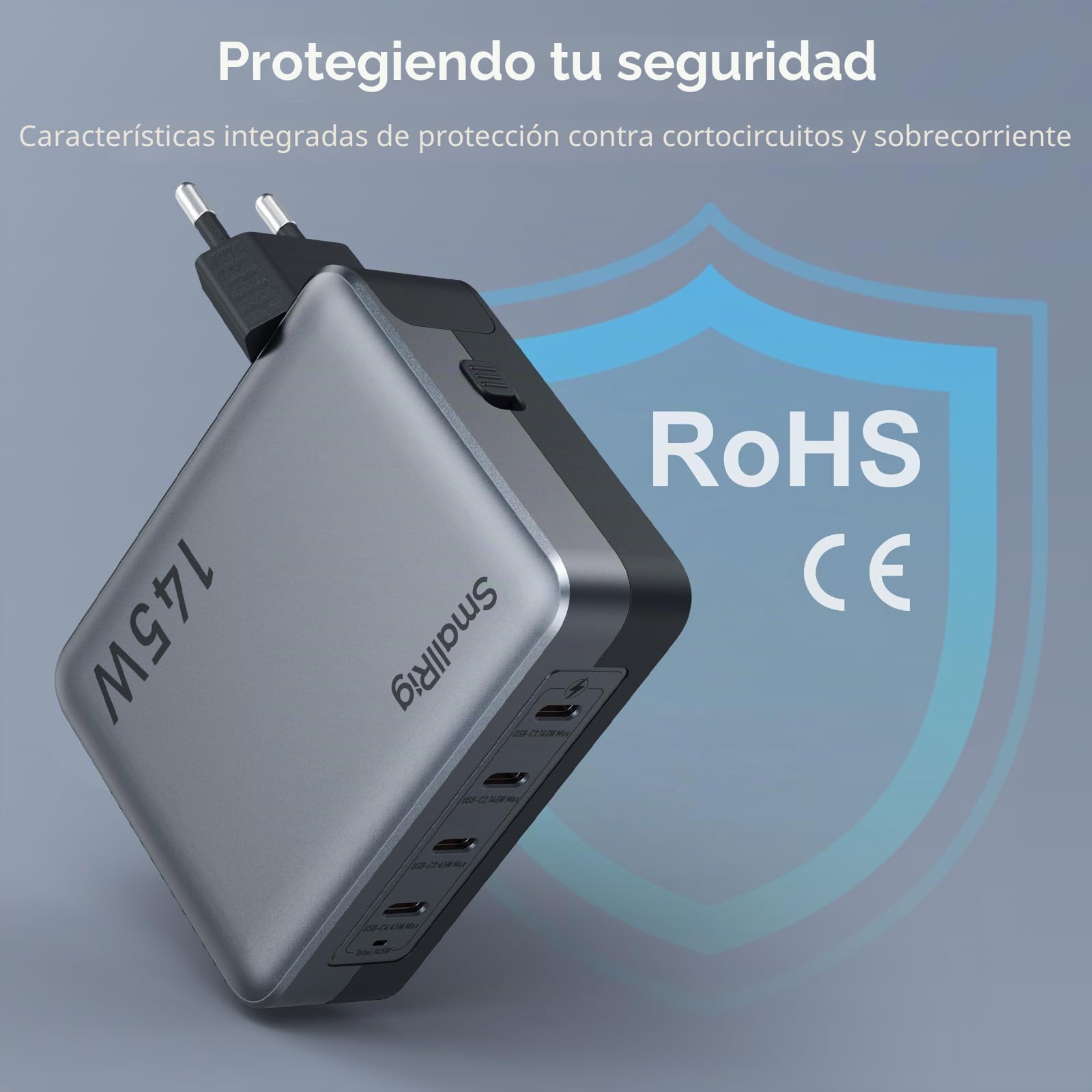 SMALLRIG Cargador USB-C de 145 W, Cargador Rápido Plegable GAN PD3.1 de 4 Puertos para MacBook Pro/Air, Adaptador de Corriente de Pared PPS para iPad, Batería con Montura en V - 4748