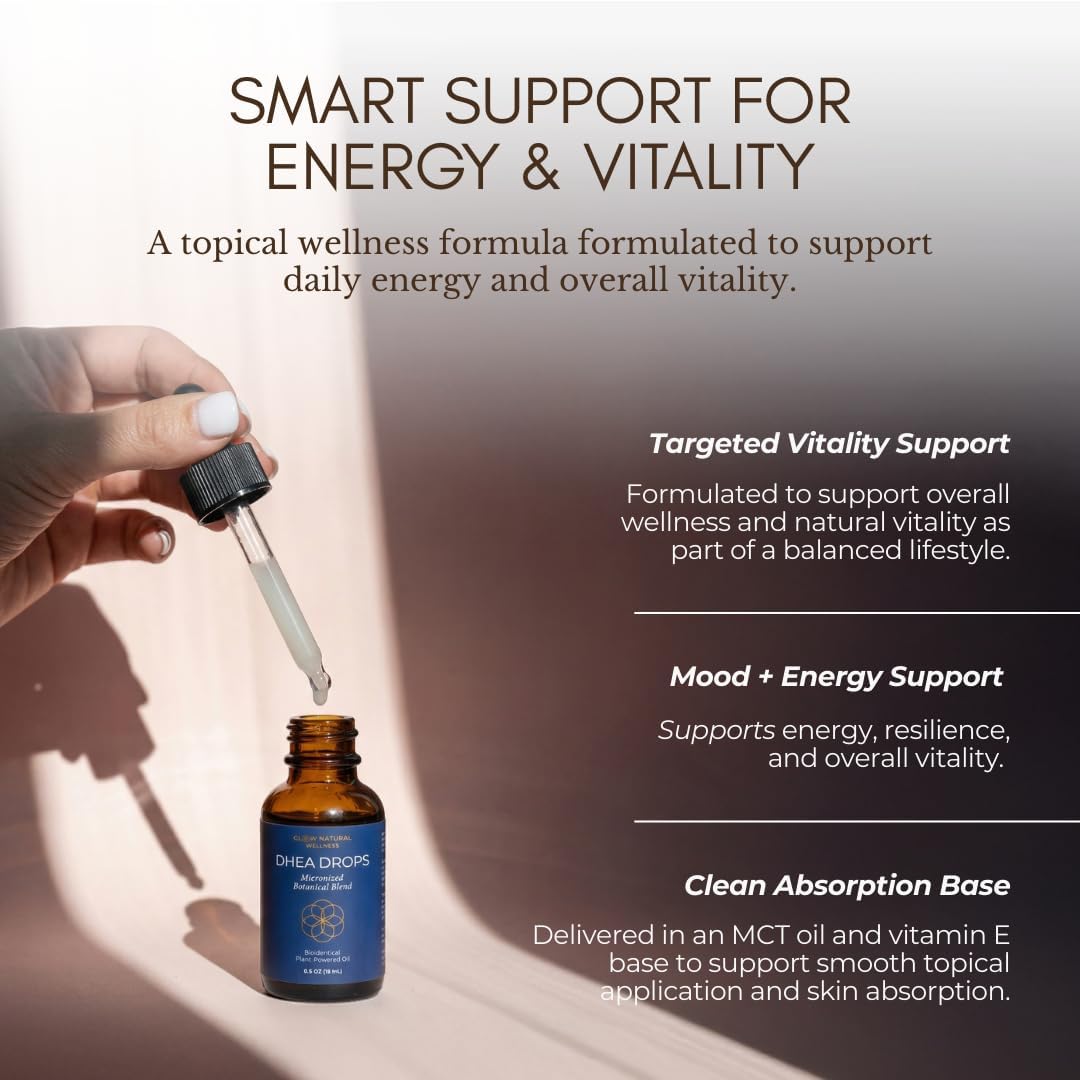 Glow Natural Wellness DHEA Drops, Plant Based Topical Oil for Women with Maca, Saw Palmetto & Ginger in MCT & Vitamin E Base – 0.5 oz (15ml)